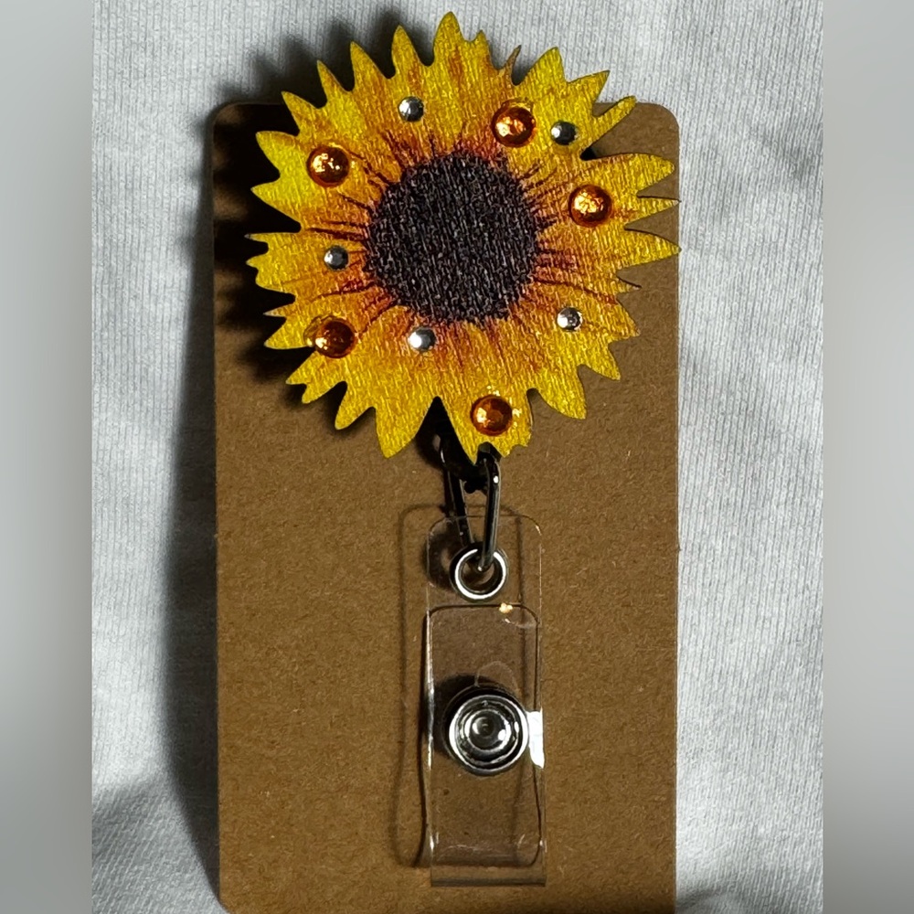 Up cycled Sunflower Rhinestone Badge Reel Badge Holder  Made From Vintage Brooch